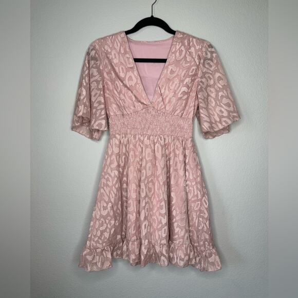 Cute Leopard Print Empire Waist Ruched Flutter Sleeve Mini Dress Pink Size XS - Picture 5 of 8